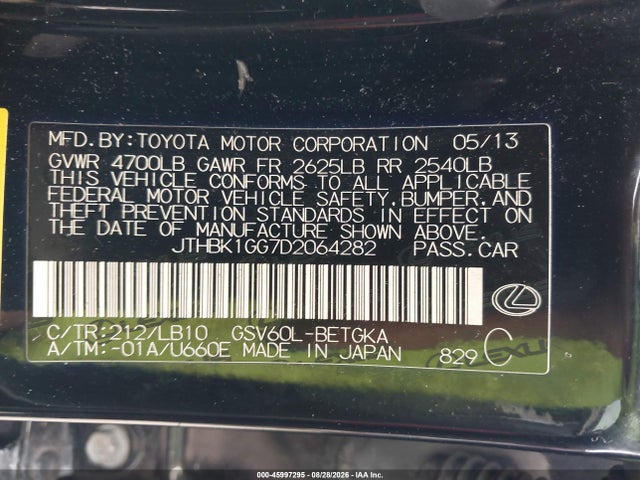45997295 :رقم المزاد ، JTHBK1GG7D2064282 vin ، 2013 Lexus Es 350 مزاد بيع