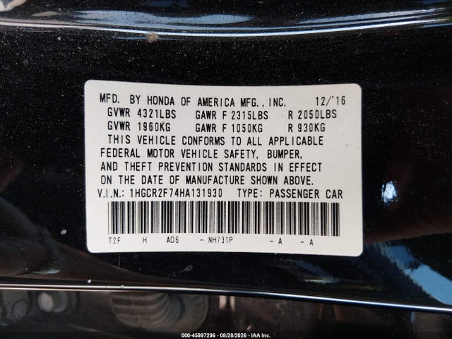 Honda ACCORD EX 2017 1HGCR2F74HA131930 Image 9