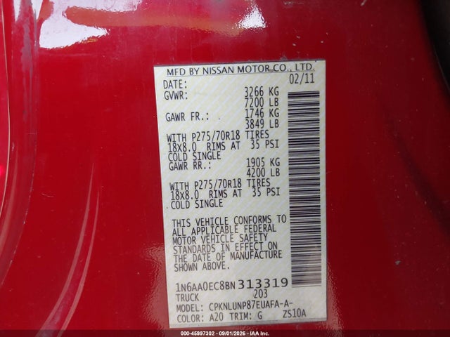 Продажа на аукционе авто 2011 Nissan Titan Pro-4x, vin: 1N6AA0EC8BN313319, номер лота: 45997302