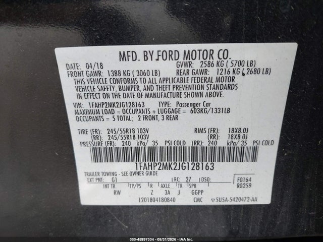2018 Ford Police Interceptor მანქანა იყიდება აუქციონზე, vin: 1FAHP2MK2JG128163, აუქციონის ნომერი: 45997304
