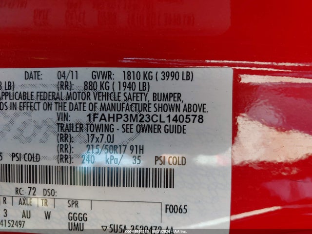 Aukcja sprzedaży 2012 Ford Focus Sel, vin: 1FAHP3M23CL140578, numer aukcji: 45997319