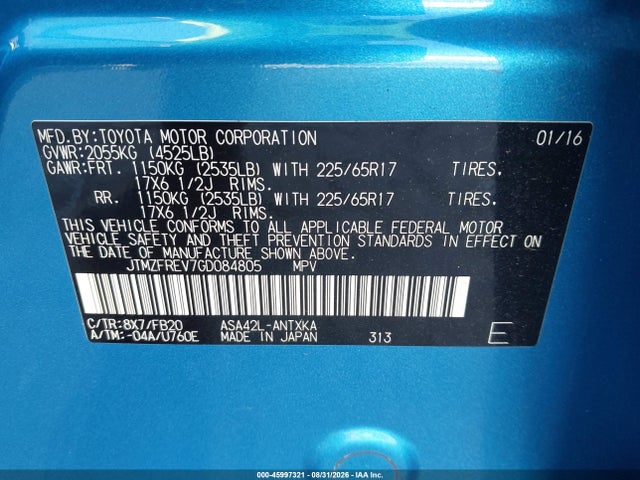 45997321 :رقم المزاد ، JTMZFREV7GD084805 vin ، 2016 Toyota Rav4 Le مزاد بيع
