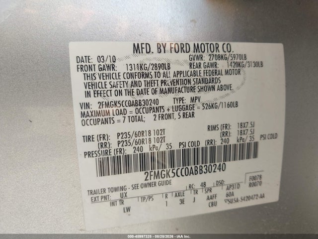 Aukcja sprzedaży 2010 Ford Flex Sel, vin: 2FMGK5CC0ABB30240, numer aukcji: 45997325