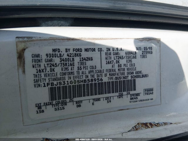 45997329 :رقم المزاد ، 1FBJS31G0SHB58956 vin ، 1995 Ford Econoline E350 Super Duty مزاد بيع