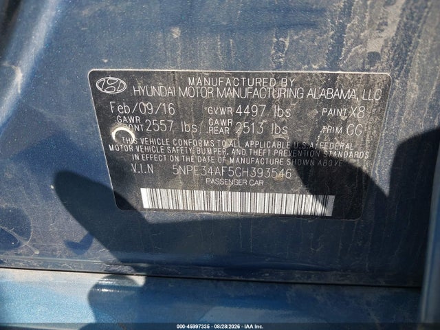 45997335 :رقم المزاد ، 5NPE34AF5GH393546 vin ، 2016 Hyundai Sonata Sport مزاد بيع