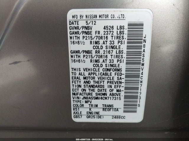 2012 Nissan Rogue S მანქანა იყიდება აუქციონზე, vin: JN8AS5MV4CW717315, აუქციონის ნომერი: 45997338