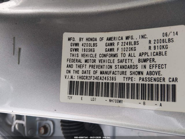2014 Honda Accord Lx მანქანა იყიდება აუქციონზე, vin: 1HGCR2F34EA245385, აუქციონის ნომერი: 45997341
