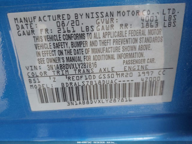Продаж на аукціоні авто 2020 Nissan Sentra Sr Xtronic Cvt, vin: 3N1AB8DVXLY287816, номер лоту: 45997342