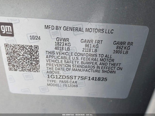 45997344 :رقم المزاد ، 1G1ZD5ST7SF141835 vin ، 2025 Chevrolet Malibu Fwd 1lt مزاد بيع