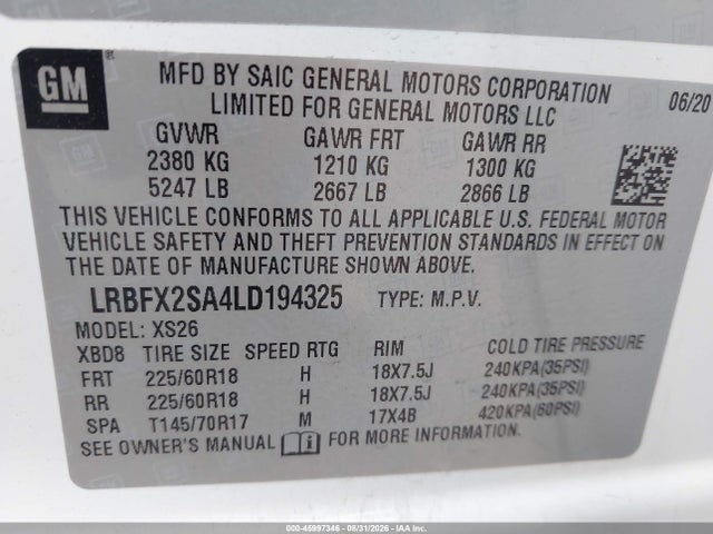 45997346 :رقم المزاد ، LRBFX2SA4LD194325 vin ، 2020 Buick Envision Awd Essence مزاد بيع