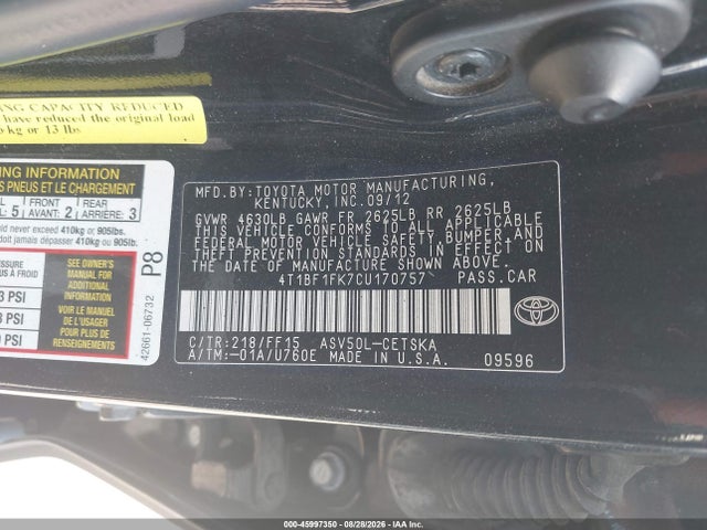 2012 Toyota Camry Se Limited Edition მანქანა იყიდება აუქციონზე, vin: 4T1BF1FK7CU170757, აუქციონის ნომერი: 45997350