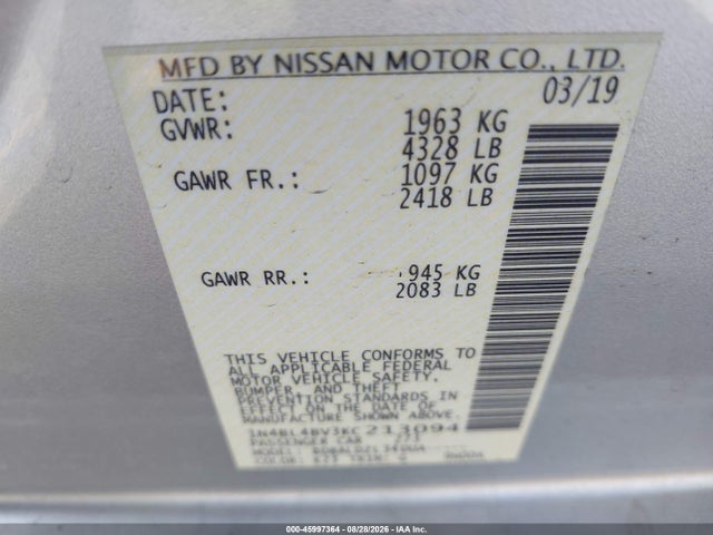 Nissan Altima 2.5 S 2019 1N4BL4BV3KC213094 Image 9
