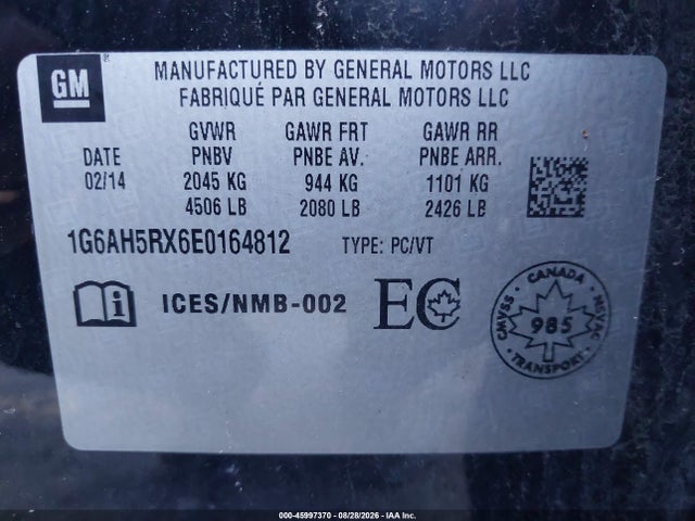 45997370 :رقم المزاد ، 1G6AH5RX6E0164812 vin ، 2014 Cadillac Ats Luxury مزاد بيع
