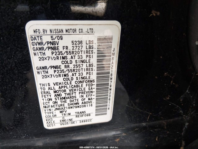 2009 Nissan Murano Le მანქანა იყიდება აუქციონზე, vin: JN8AZ18W79W206116, აუქციონის ნომერი: 45997374
