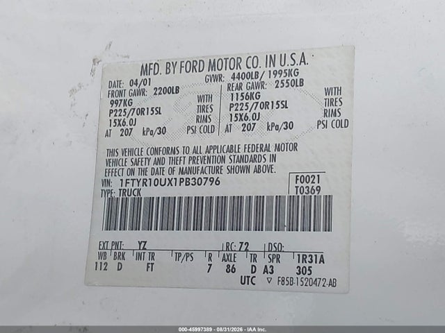 Продажа на аукционе авто 2001 Ford Ranger Edge/xl/xlt, vin: 1FTYR10UX1PB30796, номер лота: 45997389