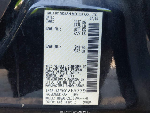 45997392 :رقم المزاد ، 1N4AL3AP9GC265779 vin ، 2016 Nissan Altima 2.5 Sr مزاد بيع