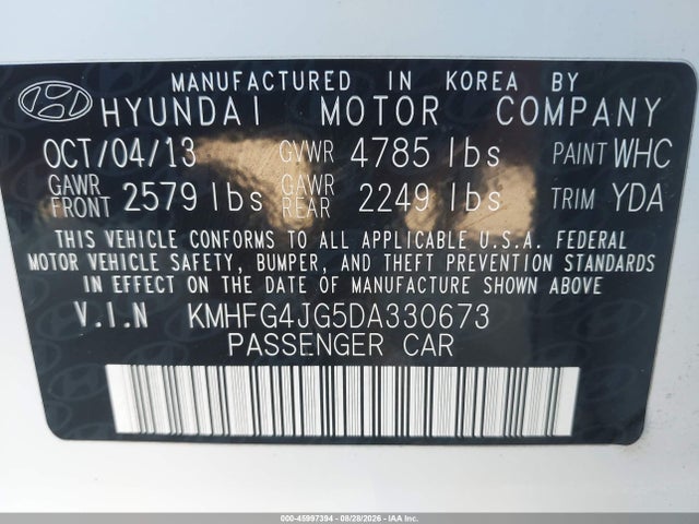 45997394 :رقم المزاد ، KMHFG4JG5DA330673 vin ، 2013 Hyundai Azera مزاد بيع