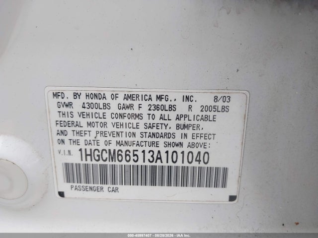 Продаж на аукціоні авто 2003 Honda Accord 3.0 Ex, vin: 1HGCM66513A101040, номер лоту: 45997407