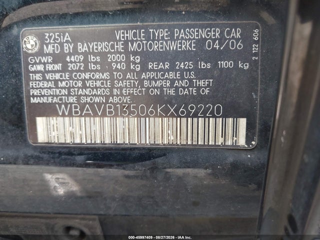 2006 Bmw 325i მანქანა იყიდება აუქციონზე, vin: WBAVB13506KX69220, აუქციონის ნომერი: 45997409