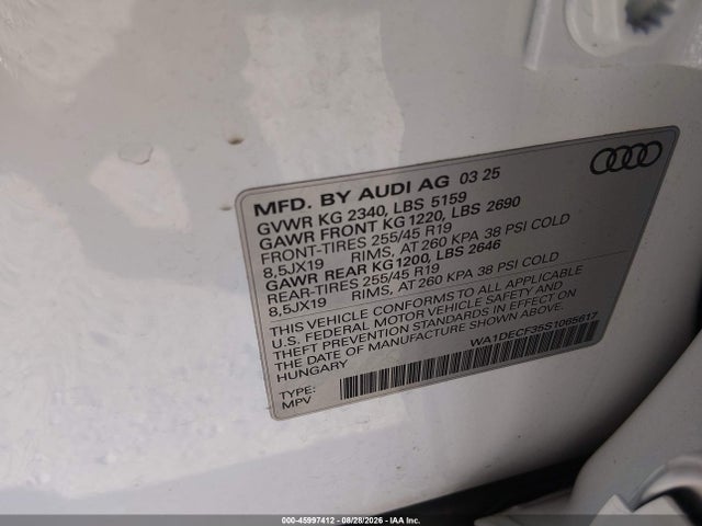 Auction sale of the 2025 Audi Q3 Premium 45 Tfsi S Line Quattro Tiptronic, vin: WA1DECF35S1065617, lot number: 45997412