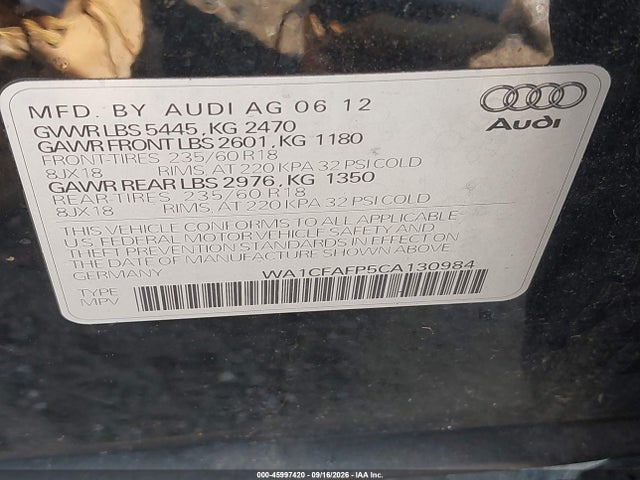 2012 Audi Q5 2.0t Premium მანქანა იყიდება აუქციონზე, vin: WA1CFAFP5CA130984, აუქციონის ნომერი: 45997420