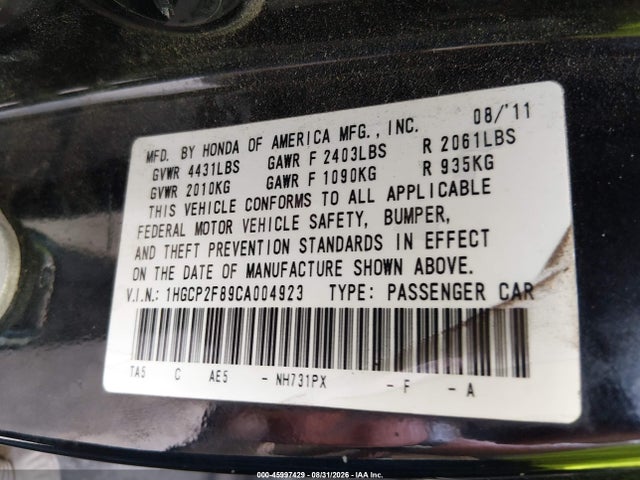 Aukcja sprzedaży 2012 Honda Accord 2.4 Ex-l, vin: 1HGCP2F89CA004923, numer aukcji: 45997429