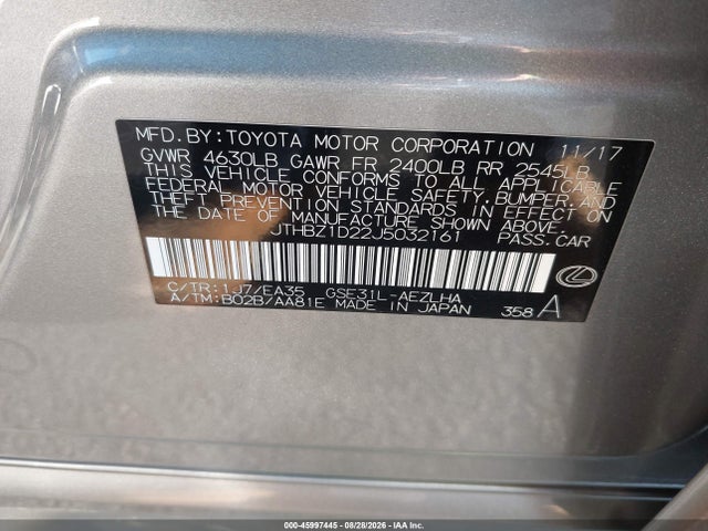 Aukcja sprzedaży 2018 Lexus Is 350, vin: JTHBZ1D22J5032161, numer aukcji: 45997445