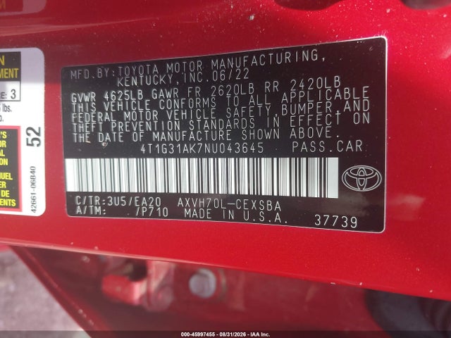 2022 Toyota Camry Se Hybrid მანქანა იყიდება აუქციონზე, vin: 4T1G31AK7NU043645, აუქციონის ნომერი: 45997455