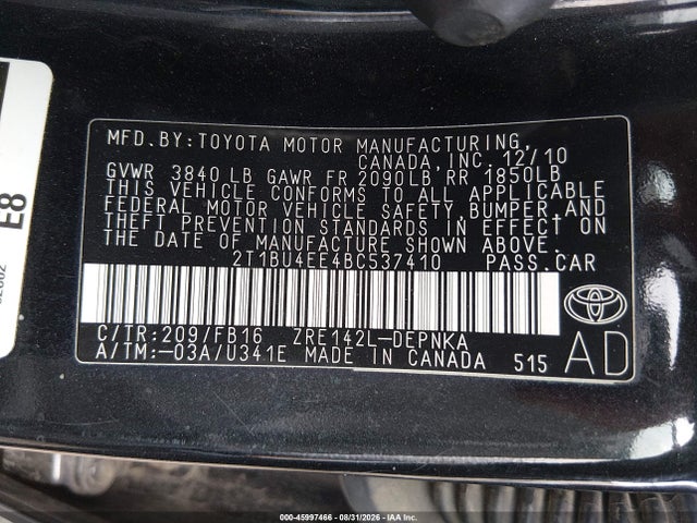 45997466 :رقم المزاد ، 2T1BU4EE4BC537410 vin ، 2011 Toyota Corolla Le مزاد بيع