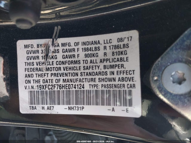 Продажа на аукционе авто 2017 Honda Civic Ex, vin: 19XFC2F76HE074124, номер лота: 45997468