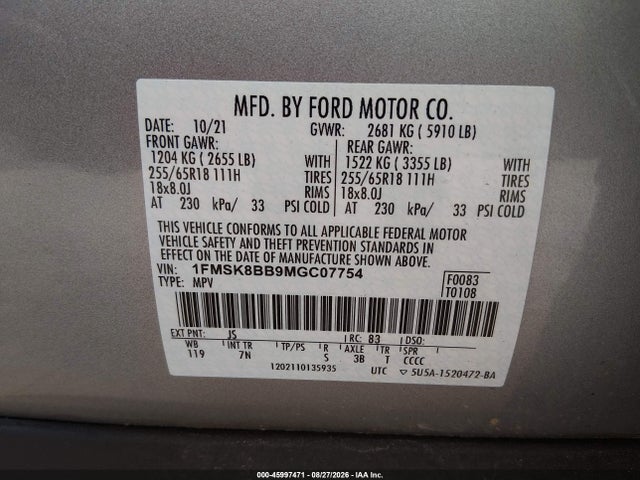 Продаж на аукціоні авто 2021 Ford Explorer, vin: 1FMSK8BB9MGC07754, номер лоту: 45997471