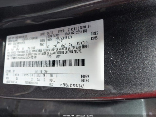 45997486 :رقم المزاد ، 1FMCU9J98JUC44259 vin ، 2018 Ford Escape Titanium مزاد بيع