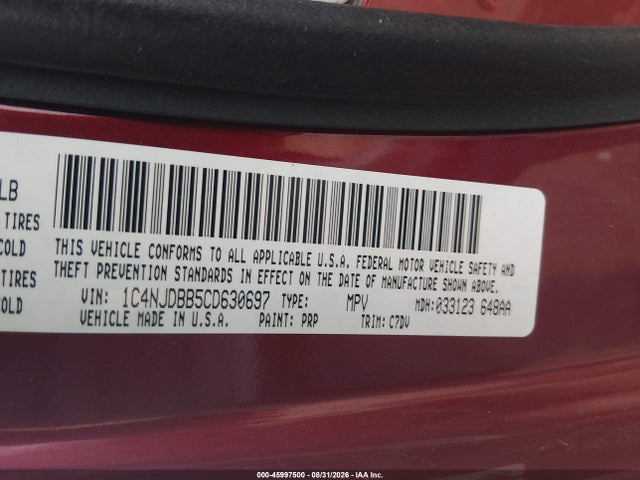 Aukcja sprzedaży 2012 Jeep Compass Sport, vin: 1C4NJDBB5CD630697, numer aukcji: 45997500
