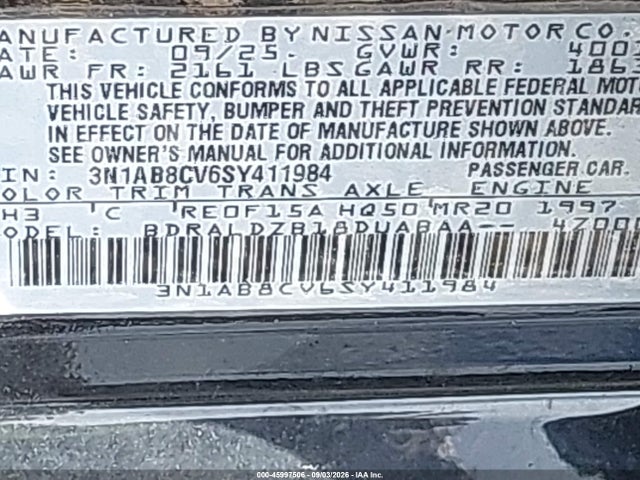 2025 Nissan Sentra Sv მანქანა იყიდება აუქციონზე, vin: 3N1AB8CV6SY411984, აუქციონის ნომერი: 45997506