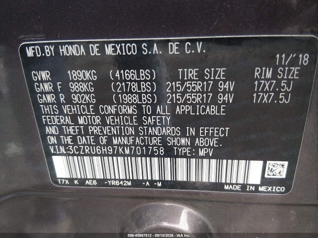 Aukcja sprzedaży 2019 Honda Hr-v Touring, vin: 3CZRU6H97KM701758, numer aukcji: 45997512