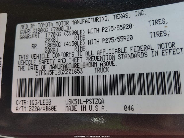 45997514 :رقم المزاد ، 5TFGW5F12GX201653 vin ، 2016 Toyota Tundra Platinum 5.7l V8 مزاد بيع