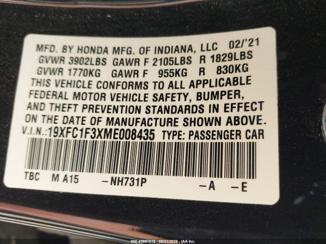 Продажа на аукционе авто 2021 Honda Civic Ex, vin: 19XFC1F3XME008435, номер лота: 45997518