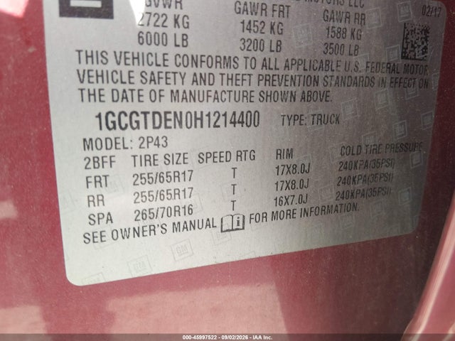 Aukcja sprzedaży 2017 Chevrolet Colorado Z71, vin: 1GCGTDEN0H1214400, numer aukcji: 45997522