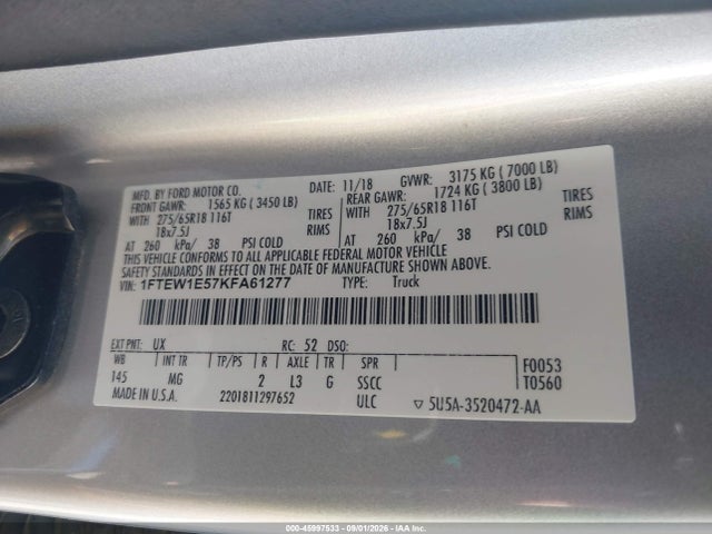 45997533 :رقم المزاد ، 1FTEW1E57KFA61277 vin ، 2019 Ford F-150 Xlt مزاد بيع