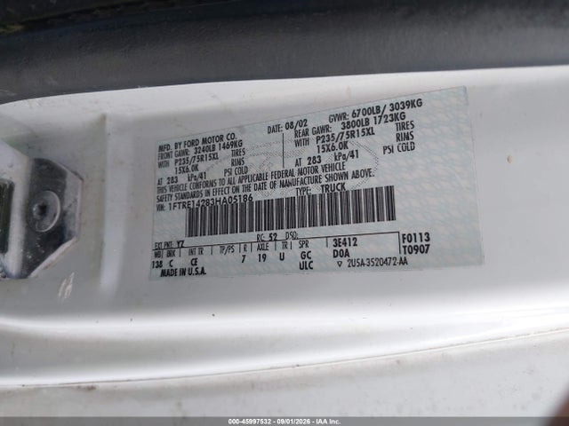 2003 Ford E-150 Commercial მანქანა იყიდება აუქციონზე, vin: 1FTRE14283HA05186, აუქციონის ნომერი: 45997532