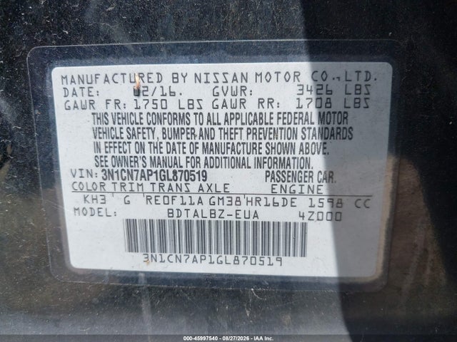 45997540 :رقم المزاد ، 3N1CN7AP1GL870519 vin ، 2016 Nissan Versa 1.6 S/1.6 S+/1.6 Sl/1.6 Sv مزاد بيع