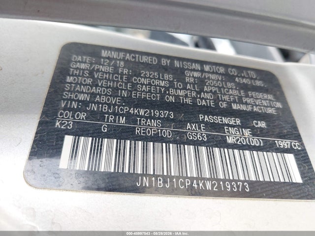 45997543 :رقم المزاد ، JN1BJ1CP4KW219373 vin ، 2019 Nissan Rogue Sport S مزاد بيع