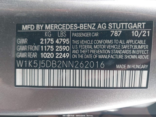 Aukcja sprzedaży 2022 Mercedes-benz Amg Cla 45 4matic, vin: W1K5J5DB2NN262016, numer aukcji: 45997546