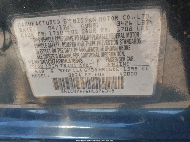 45997550 :رقم المزاد ، 3N1CN7AP6HL876348 vin ، 2017 Nissan Versa 1.6 Sv مزاد بيع