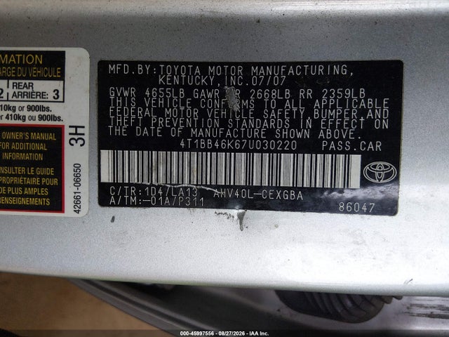 45997556 :رقم المزاد ، 4T1BB46K67U030220 vin ، 2007 Toyota Camry Hybrid مزاد بيع