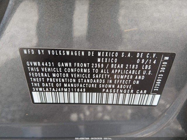Aukcja sprzedaży 2015 Volkswagen Jetta 2.0l Tdi S, vin: 3VWLA7AJ4FM211649, numer aukcji: 45997569