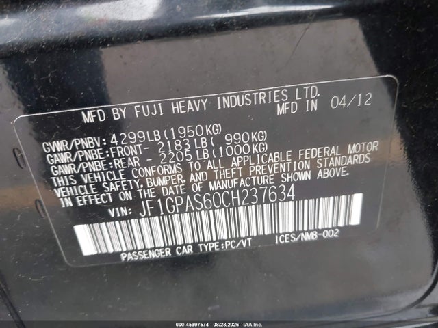 Продаж на аукціоні авто 2012 Subaru Impreza 2.0i Sport Limited, vin: JF1GPAS60CH237634, номер лоту: 45997574