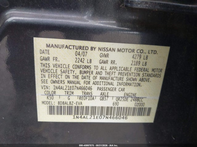 Продаж на аукціоні авто 2007 Nissan Altima 2.5 S, vin: 1N4AL21E07N466046, номер лоту: 45997575