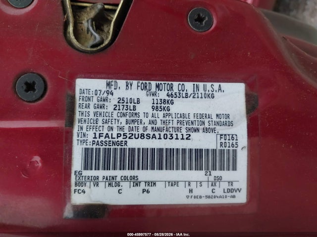 45997577 :رقم المزاد ، 1FALP52U8SA103112 vin ، 1995 Ford Taurus Gl/se مزاد بيع