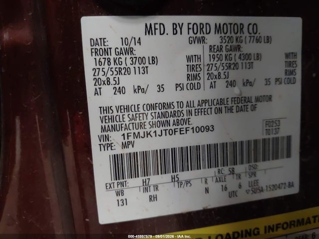 45997579 :رقم المزاد ، 1FMJK1JT0FEF10093 vin ، 2015 Ford Expedition El King Ranch مزاد بيع
